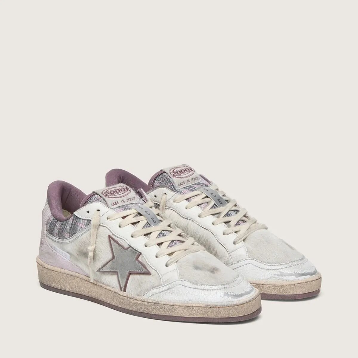 Golden Goose Ball Star Lab In White Nylon And Pony Skin With Silver Star And Lilac Inserts Golden Goose Ball Star Lab In White Nylon And Pony Skin With Silver Star And Lilac Inserts