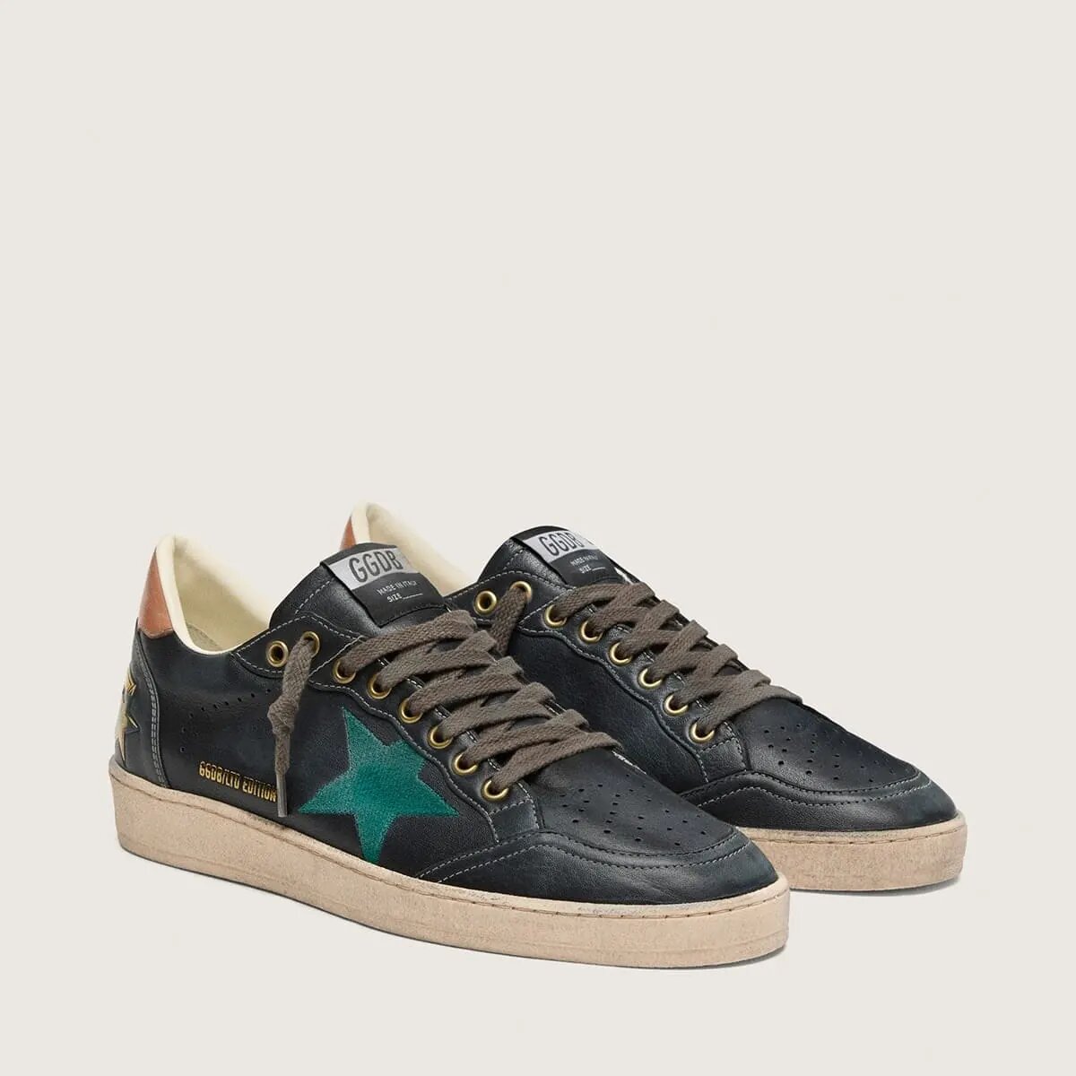 Golden Goose Ball Star Ltd In Black Leather With Green Embroidered Star Golden Goose Ball Star Ltd In Black Leather With Green Embroidered Star