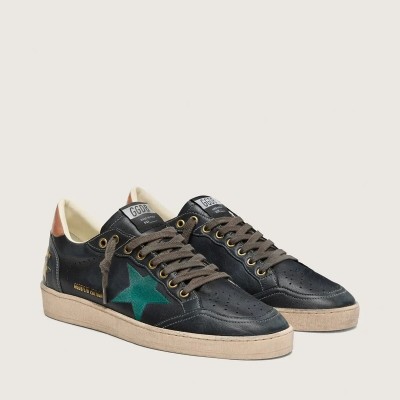 Golden Goose Ball Star Ltd In Black Leather With Green Embroidered Star Golden Goose Ball Star Ltd In Black Leather With Green Embroidered Star