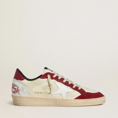 Golden Goose Ball Star Ltd In Cream Nappa With White Leather Star And Red Suede Inserts