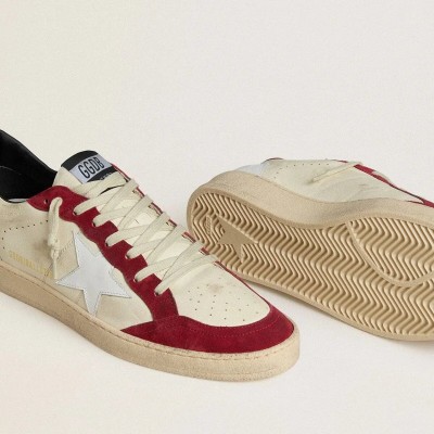Golden Goose Ball Star Ltd In Cream Nappa With White Leather Star And Red Suede Inserts