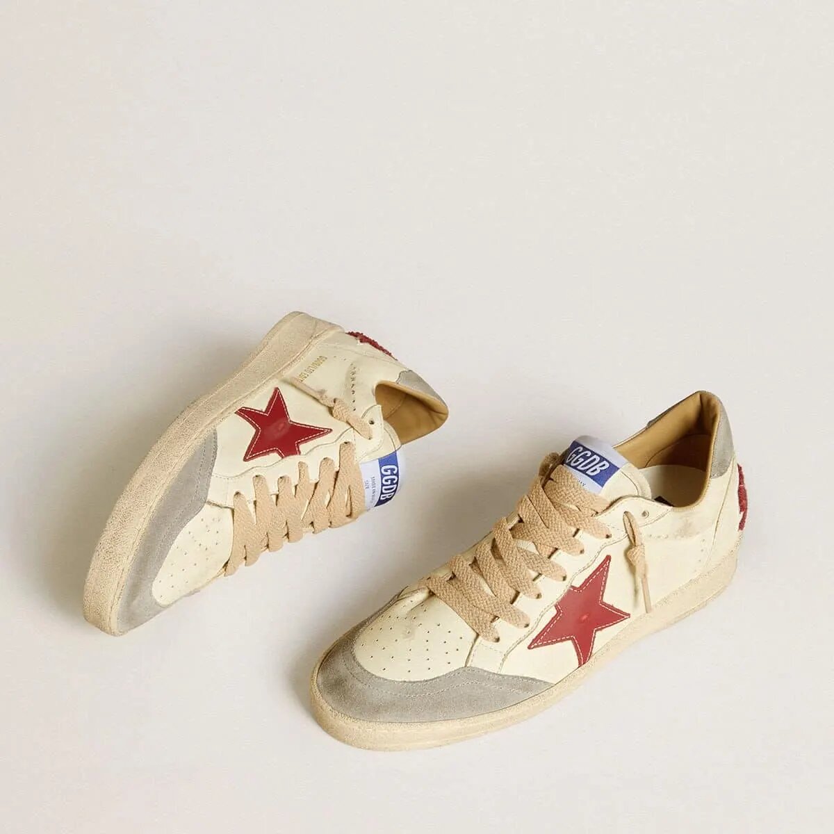Golden Goose Ball Star Ltd In Nappa Leather With Red Leather Star And Gray Suede Heel Tab Golden Goose Ball Star Ltd In Nappa Leather With Red Leather Star And Gray Suede Heel Tab