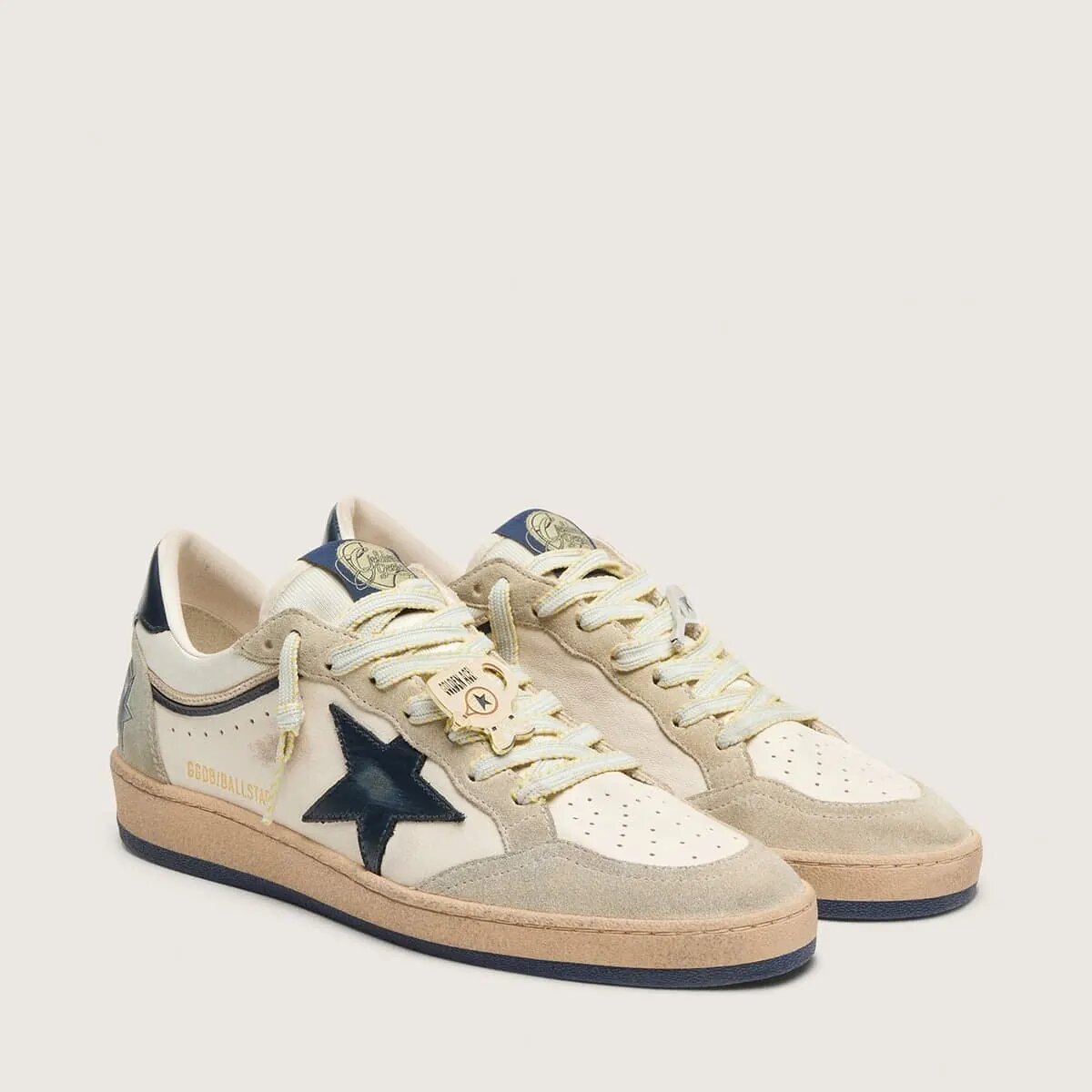Golden Goose Ball Star Ltd In White Leather And Light Grey Suede With Dark Blue Star And Skins Golden Goose Ball Star Ltd In White Leather And Light Grey Suede With Dark Blue Star And Skins