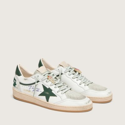 Golden Goose Ball Star Ltd In White Leather With Green Star And Skins Golden Goose Ball Star Ltd In White Leather With Green Star And Skins