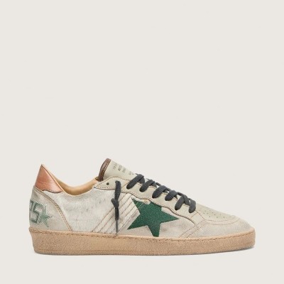 Golden Goose Ball Star Ltd In White Pony Skin And Gray Suede With Green Star Golden Goose Ball Star Ltd In White Pony Skin And Gray Suede With Green Star