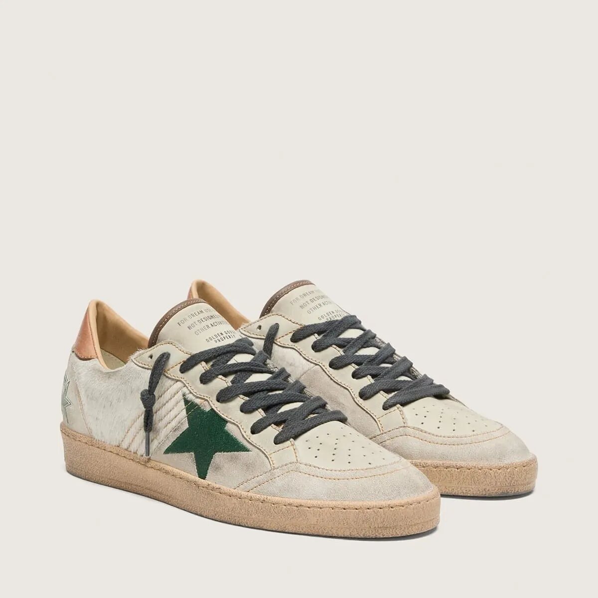 Golden Goose Ball Star Ltd In White Pony Skin And Gray Suede With Green Star Golden Goose Ball Star Ltd In White Pony Skin And Gray Suede With Green Star