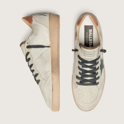 Golden Goose Ball Star Ltd In White Pony Skin And Gray Suede With Green Star Golden Goose Ball Star Ltd In White Pony Skin And Gray Suede With Green Star