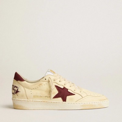 Golden Goose Ball Star In Beige Nappa With Burgundy Mesh Star And Heel Tab Golden Goose Ball Star In Beige Nappa With Burgundy Mesh Star And Heel Tab