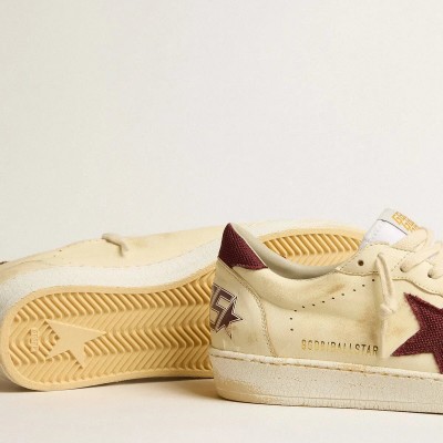 Golden Goose Ball Star In Beige Nappa With Burgundy Mesh Star And Heel Tab Golden Goose Ball Star In Beige Nappa With Burgundy Mesh Star And Heel Tab