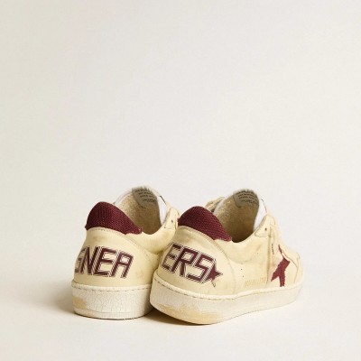Golden Goose Ball Star In Beige Nappa With Burgundy Mesh Star And Heel Tab Golden Goose Ball Star In Beige Nappa With Burgundy Mesh Star And Heel Tab
