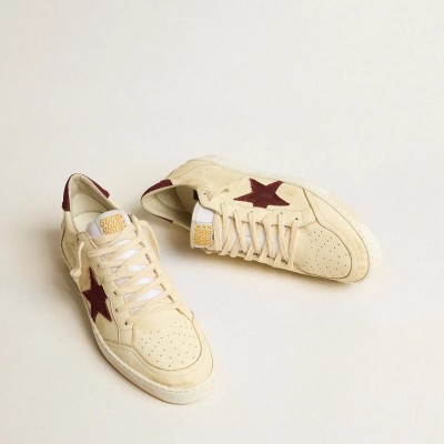 Golden Goose Ball Star In Beige Nappa With Burgundy Mesh Star And Heel Tab Golden Goose Ball Star In Beige Nappa With Burgundy Mesh Star And Heel Tab
