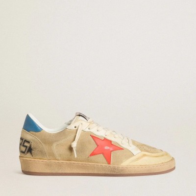 Golden Goose Ball Star In Beige Suede With Coral Leather Star And Blue Nappa Heel Tab Golden Goose Ball Star In Beige Suede With Coral Leather Star And Blue Nappa Heel Tab