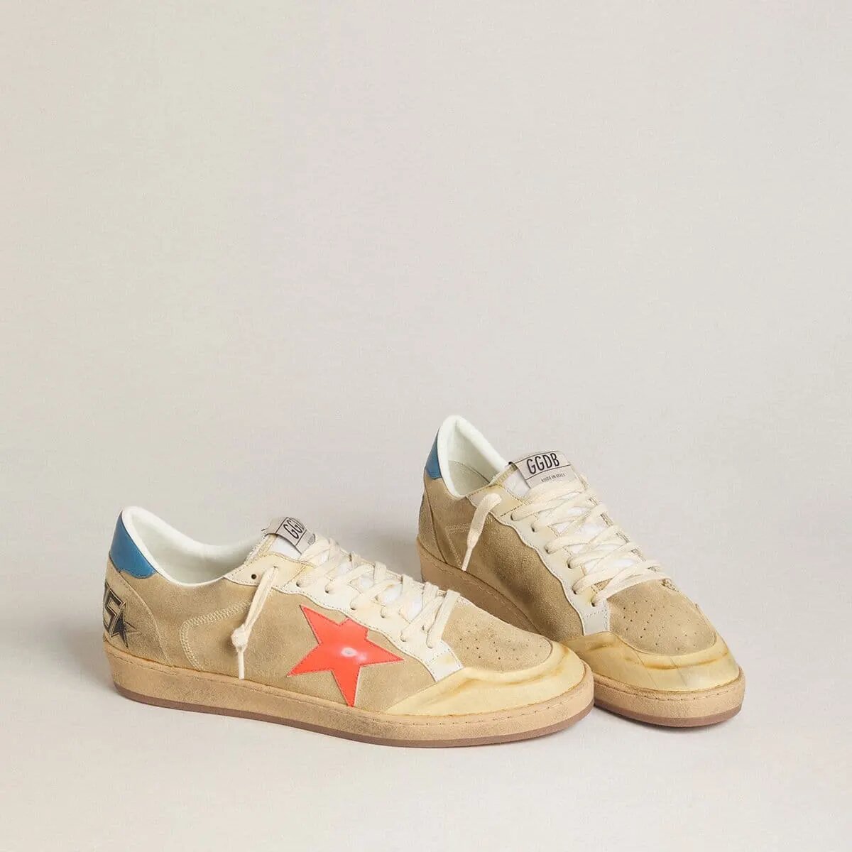 Golden Goose Ball Star In Beige Suede With Coral Leather Star And Blue Nappa Heel Tab Golden Goose Ball Star In Beige Suede With Coral Leather Star And Blue Nappa Heel Tab