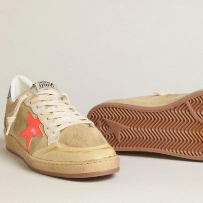 Golden Goose Ball Star In Beige Suede With Coral Leather Star And Blue Nappa Heel Tab Golden Goose Ball Star In Beige Suede With Coral Leather Star And Blue Nappa Heel Tab