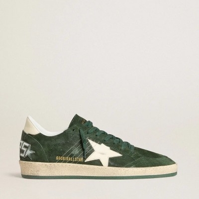 Golden Goose Ball Star In Green Suede With White Leather Star And Heel Tab Golden Goose Ball Star In Green Suede With White Leather Star And Heel Tab