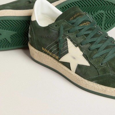 Golden Goose Ball Star In Green Suede With White Leather Star And Heel Tab Golden Goose Ball Star In Green Suede With White Leather Star And Heel Tab