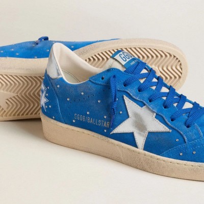 Golden Goose Ball Star In Light Blue Suede With Studs And Silver Metallic Leather Star Golden Goose Ball Star In Light Blue Suede With Studs And Silver Metallic Leather Star