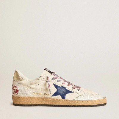 Golden Goose Ball Star In Nappa Leather With Blue Suede Star And Platinum Leather Heel Tab Golden Goose Ball Star In Nappa Leather With Blue Suede Star And Platinum Leather Heel Tab