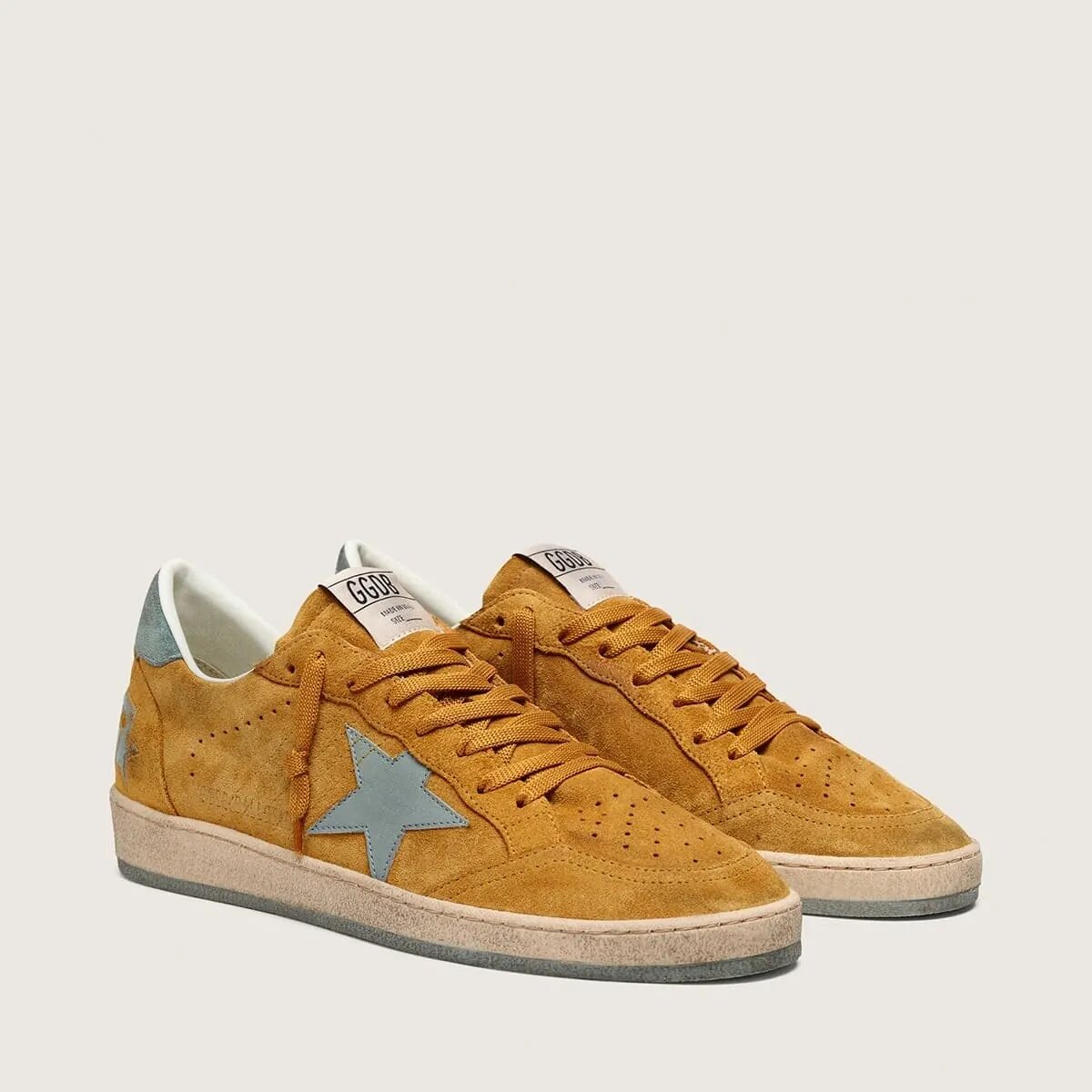 Golden Goose Ball Star In Ocher Suede With Leather Star And Light Blue Suede Heel Tab Golden Goose Ball Star In Ocher Suede With Leather Star And Light Blue Suede Heel Tab