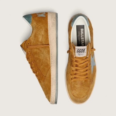 Golden Goose Ball Star In Ocher Suede With Leather Star And Light Blue Suede Heel Tab Golden Goose Ball Star In Ocher Suede With Leather Star And Light Blue Suede Heel Tab