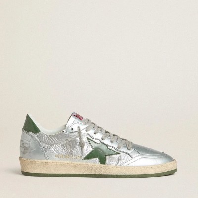 Golden Goose Ball Star In Silver Nylon With Green Leather Star And Heel Tab Golden Goose Ball Star In Silver Nylon With Green Leather Star And Heel Tab