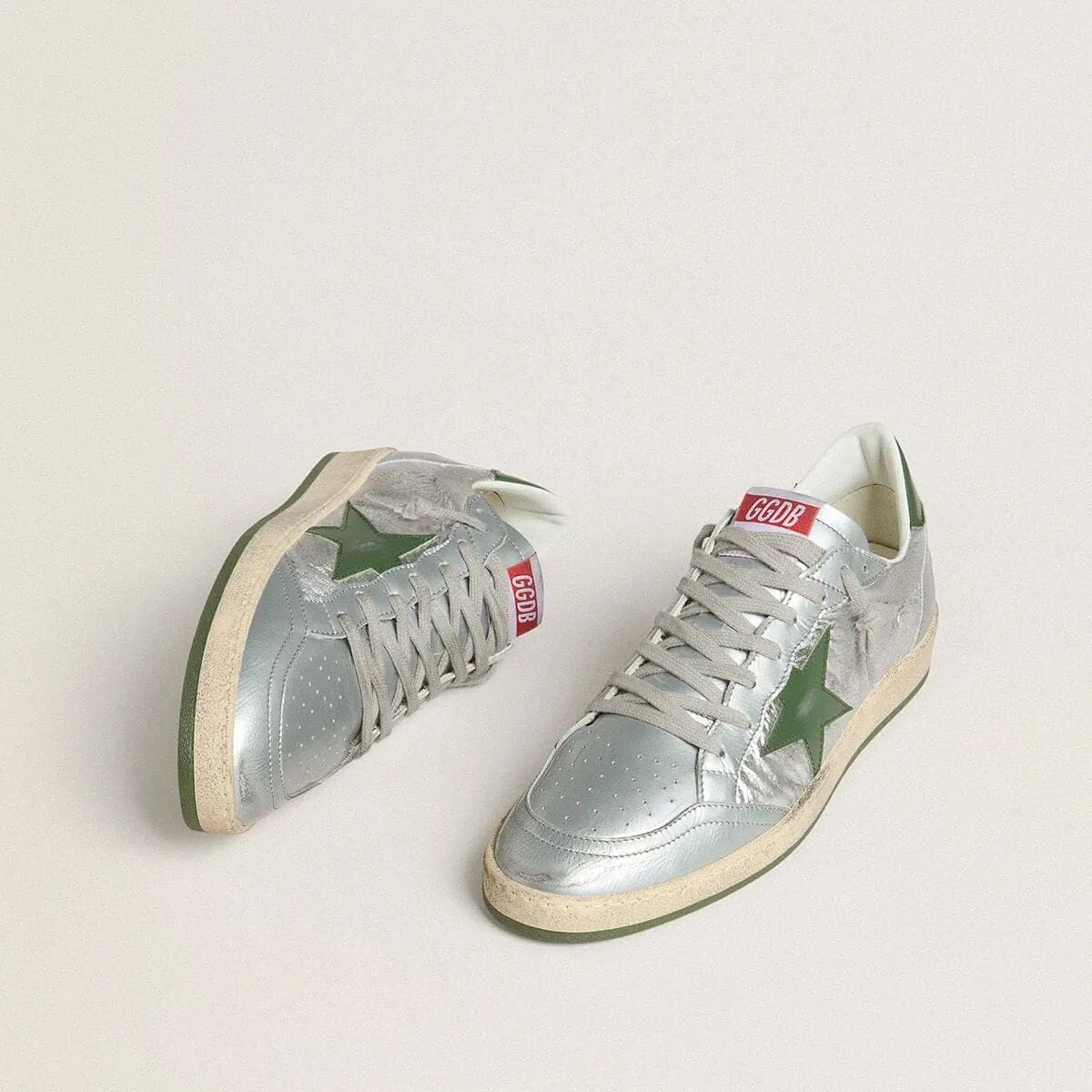 Golden Goose Ball Star In Silver Nylon With Green Leather Star And Heel Tab Golden Goose Ball Star In Silver Nylon With Green Leather Star And Heel Tab