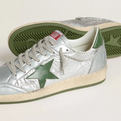 Golden Goose Ball Star In Silver Nylon With Green Leather Star And Heel Tab Golden Goose Ball Star In Silver Nylon With Green Leather Star And Heel Tab