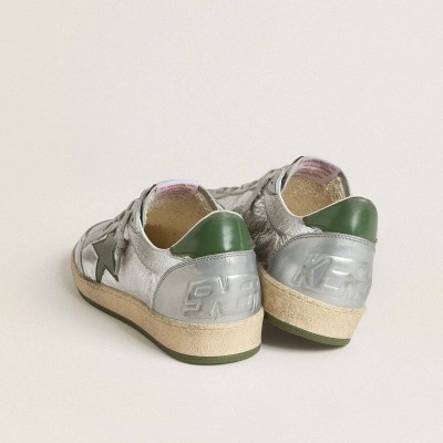 Golden Goose Ball Star In Silver Nylon With Green Leather Star And Heel Tab Golden Goose Ball Star In Silver Nylon With Green Leather Star And Heel Tab