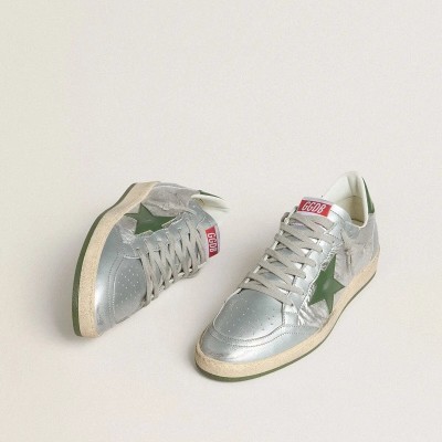 Golden Goose Ball Star In Silver Nylon With Green Leather Star And Heel Tab Golden Goose Ball Star In Silver Nylon With Green Leather Star And Heel Tab