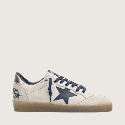 Golden Goose Ball Star In White Leather With Dark Blue Leather Star And Silver Laminated Leather Heel Tab Golden Goose Ball Star In White Leather With Dark Blue Leather Star And Silver Laminated Leather Heel Tab