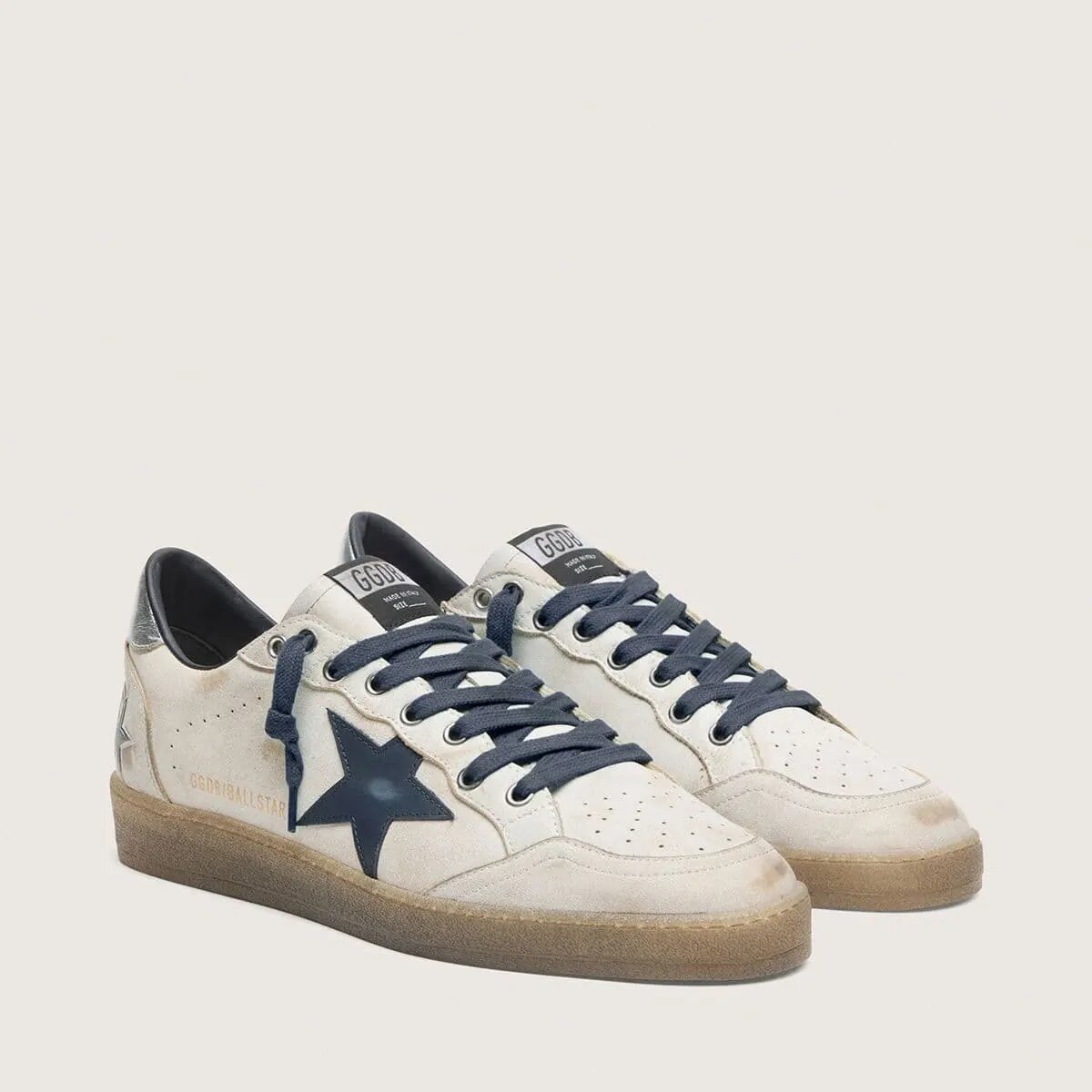 Golden Goose Ball Star In White Leather With Dark Blue Leather Star And Silver Laminated Leather Heel Tab Golden Goose Ball Star In White Leather With Dark Blue Leather Star And Silver Laminated Leather Heel Tab