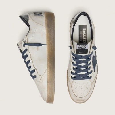 Golden Goose Ball Star In White Leather With Dark Blue Leather Star And Silver Laminated Leather Heel Tab Golden Goose Ball Star In White Leather With Dark Blue Leather Star And Silver Laminated Leather Heel Tab