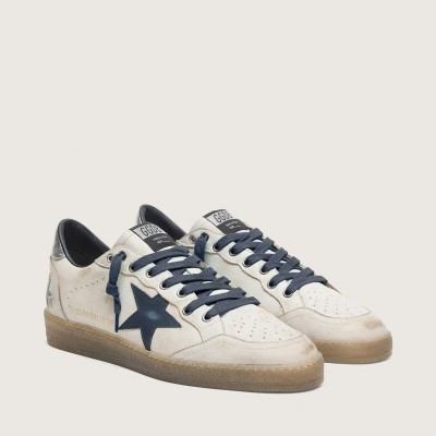 Golden Goose Ball Star In White Leather With Dark Blue Leather Star And Silver Laminated Leather Heel Tab Golden Goose Ball Star In White Leather With Dark Blue Leather Star And Silver Laminated Leather Heel Tab