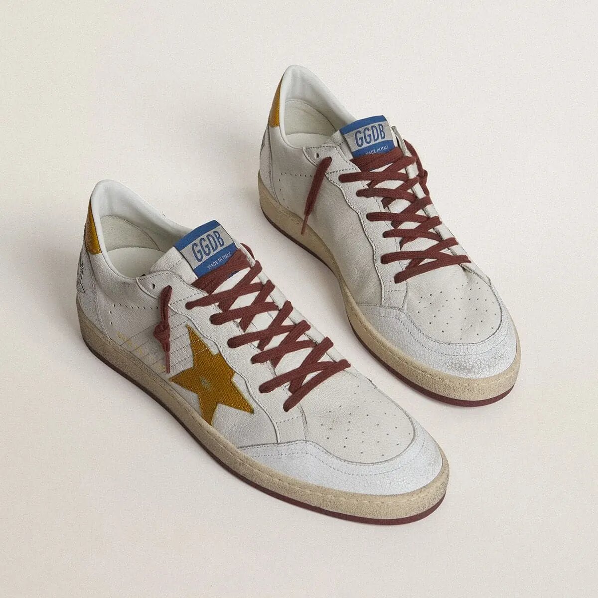 Golden Goose Ball Star In White Nappa Leather With Yellow Animal-Print Leather Star And Heel Tab Golden Goose Ball Star In White Nappa Leather With Yellow Animal-Print Leather Star And Heel Tab