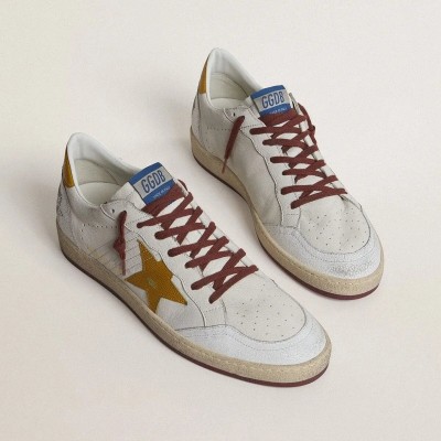 Golden Goose Ball Star In White Nappa Leather With Yellow Animal-Print Leather Star And Heel Tab Golden Goose Ball Star In White Nappa Leather With Yellow Animal-Print Leather Star And Heel Tab