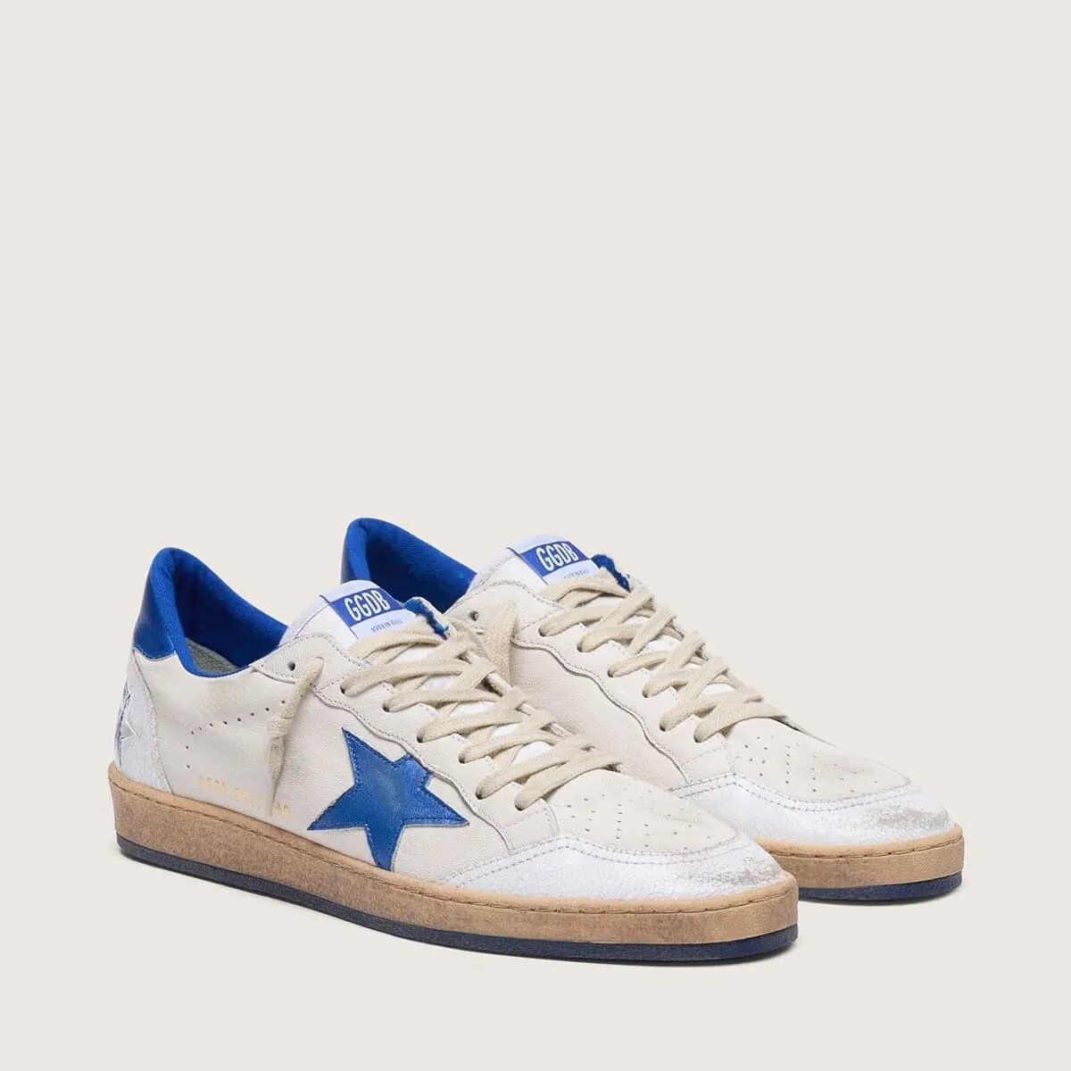 Golden Goose Ball Star In White Nappa With Blue Star And Heel Tab Golden Goose Ball Star In White Nappa With Blue Star And Heel Tab