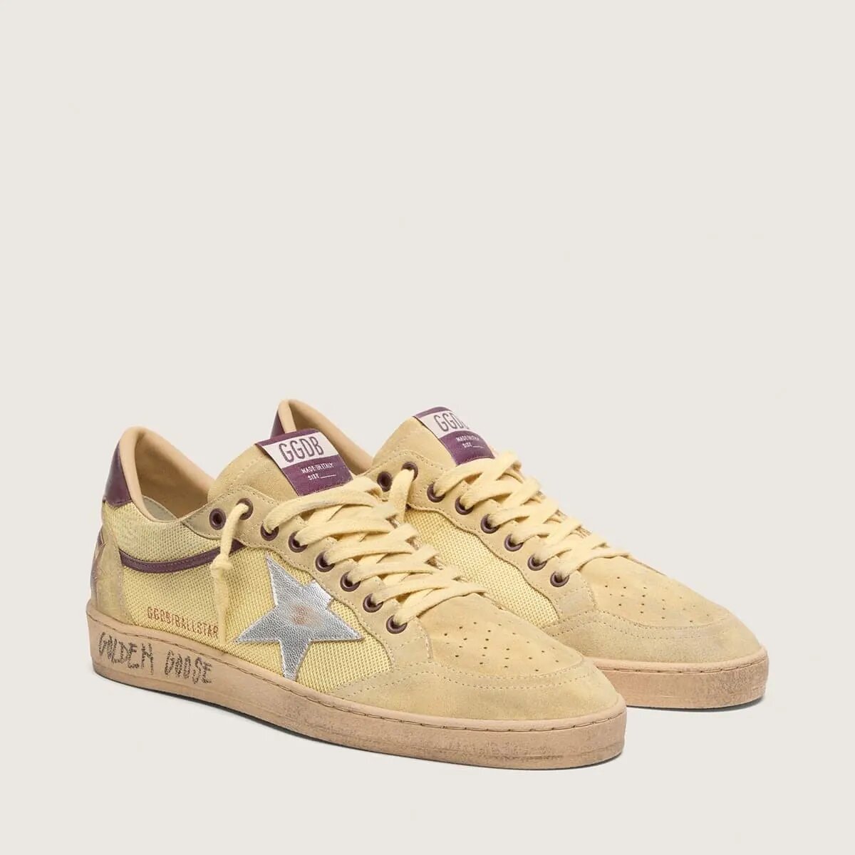 Golden Goose Ball Star In Yellow Suede With Silver Star And Yellow Mesh Inserts Golden Goose Ball Star In Yellow Suede With Silver Star And Yellow Mesh Inserts