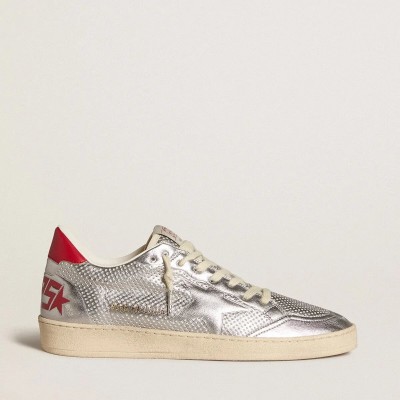 Golden Goose Bio-Based Ball Star In Metallic Silver With Silver Star And Red Heel Tab Golden Goose Bio-Based Ball Star In Metallic Silver With Silver Star And Red Heel Tab