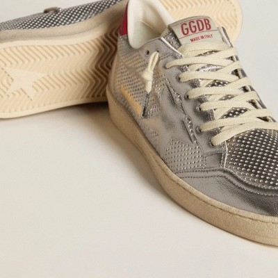 Golden Goose Bio-Based Ball Star In Metallic Silver With Silver Star And Red Heel Tab Golden Goose Bio-Based Ball Star In Metallic Silver With Silver Star And Red Heel Tab