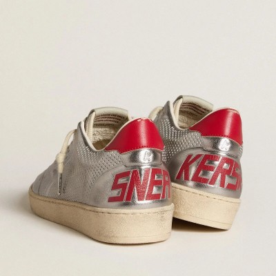 Golden Goose Bio-Based Ball Star In Metallic Silver With Silver Star And Red Heel Tab Golden Goose Bio-Based Ball Star In Metallic Silver With Silver Star And Red Heel Tab