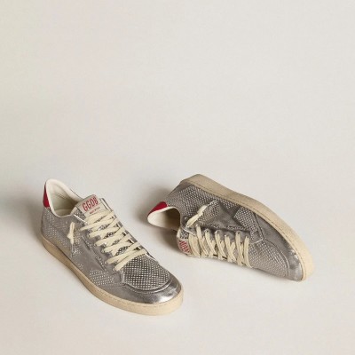 Golden Goose Bio-Based Ball Star In Metallic Silver With Silver Star And Red Heel Tab Golden Goose Bio-Based Ball Star In Metallic Silver With Silver Star And Red Heel Tab