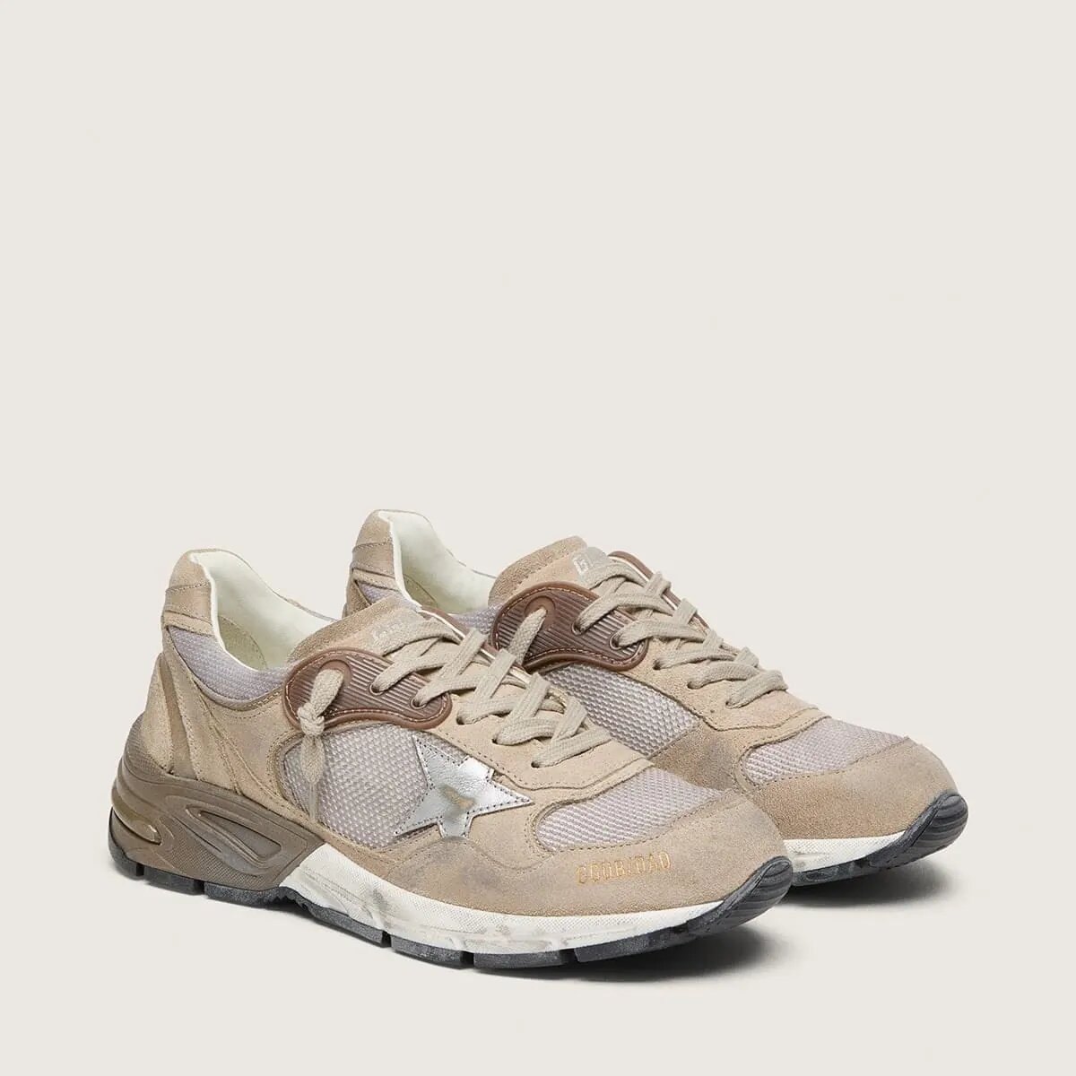 Golden Goose Dad-Star In Beige Mesh And Suede With Silver Leather Star Golden Goose Dad-Star In Beige Mesh And Suede With Silver Leather Star