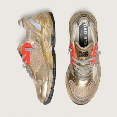 Golden Goose Dad-Star In Gold Laminated Leather And Mesh With White Leather Star And Gold Leather Heel Tab