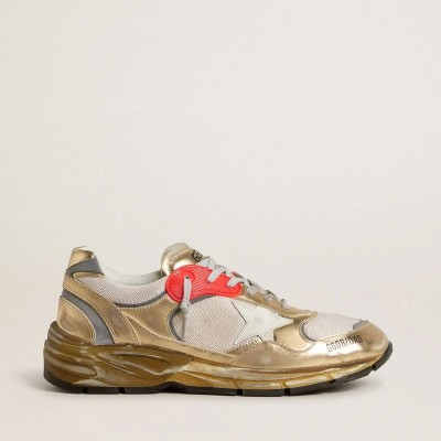 Golden Goose Dad-Star In Mesh And Gold Foiled Leather With White Leather Star Golden Goose Dad-Star In Mesh And Gold Foiled Leather With White Leather Star