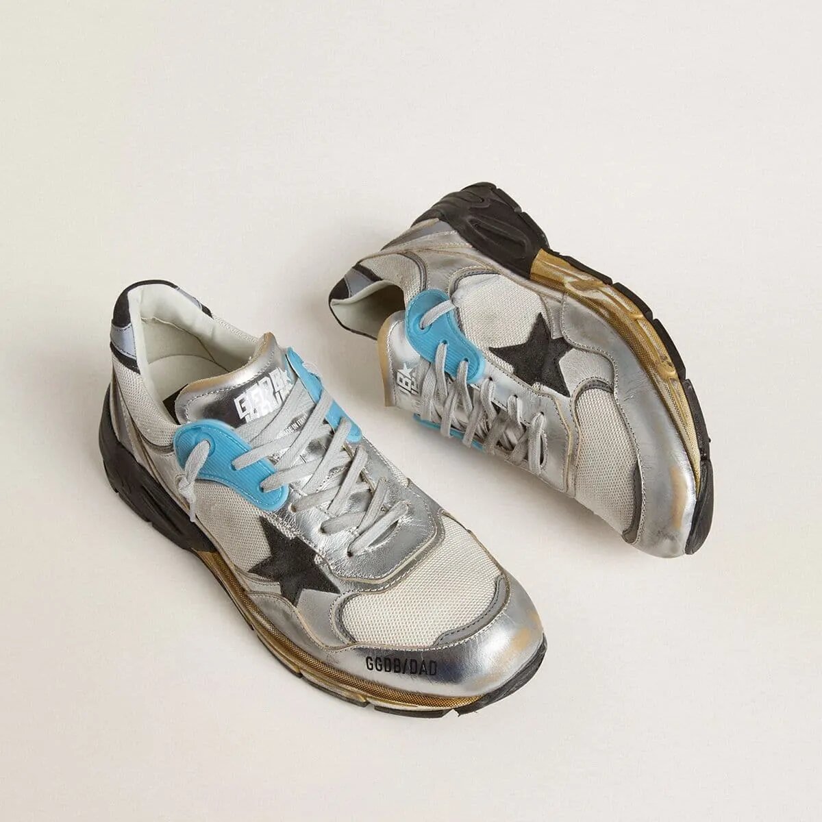 Golden Goose Dad-Star In Mesh And Silver Foiled Leather With Black Leather Star Golden Goose Dad-Star In Mesh And Silver Foiled Leather With Black Leather Star