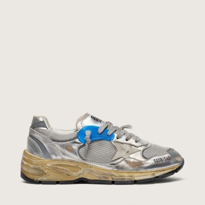 Golden Goose Dad-Star In Silver Laminated Leather And Mesh With White Leather Star And Silver Heel Tab Golden Goose Dad-Star In Silver Laminated Leather And Mesh With White Leather Star And Silver Heel Tab