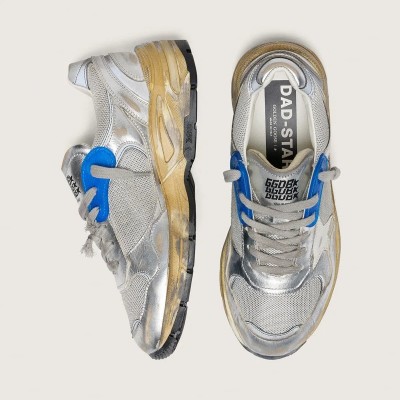 Golden Goose Dad-Star In Silver Laminated Leather And Mesh With White Leather Star And Silver Heel Tab Golden Goose Dad-Star In Silver Laminated Leather And Mesh With White Leather Star And Silver Heel Tab