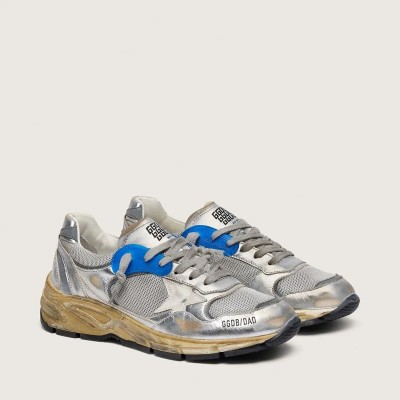 Golden Goose Dad-Star In Silver Laminated Leather And Mesh With White Leather Star And Silver Heel Tab Golden Goose Dad-Star In Silver Laminated Leather And Mesh With White Leather Star And Silver Heel Tab