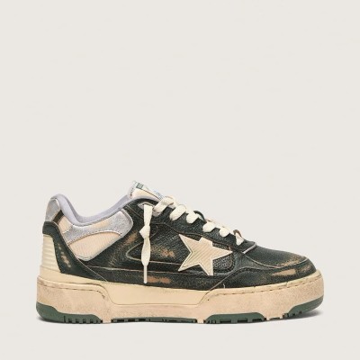 Golden Goose Forty2 In Green Leather And Cream Nylon With Tpu Star And Silver Leather Heel Tab Golden Goose Forty2 In Green Leather And Cream Nylon With Tpu Star And Silver Leather Heel Tab