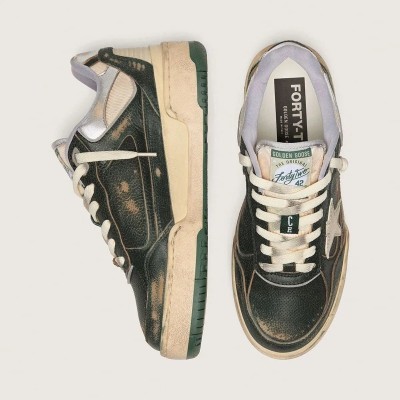 Golden Goose Forty2 In Green Leather And Cream Nylon With Tpu Star And Silver Leather Heel Tab Golden Goose Forty2 In Green Leather And Cream Nylon With Tpu Star And Silver Leather Heel Tab